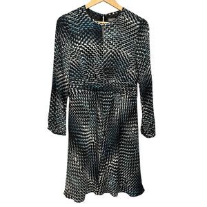 Classiques Entier Black, Blue & White‎ Silk Artsy Long Sleeve Zip Back Dress 6P